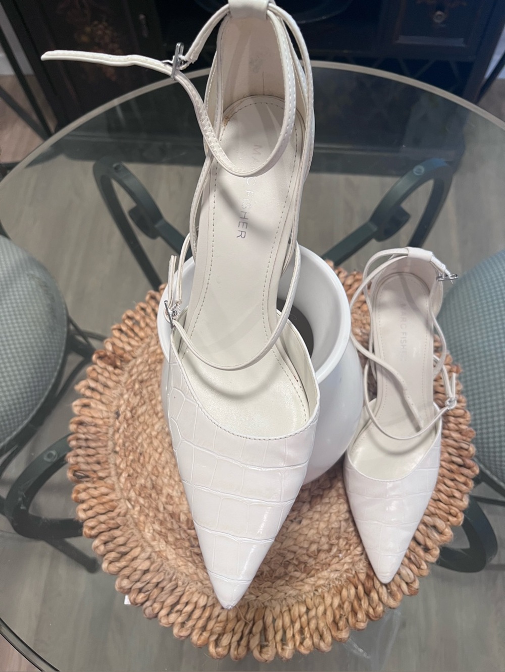Marc Fisher White Croc-Embossed Pointed Ankle-Strap Pumps